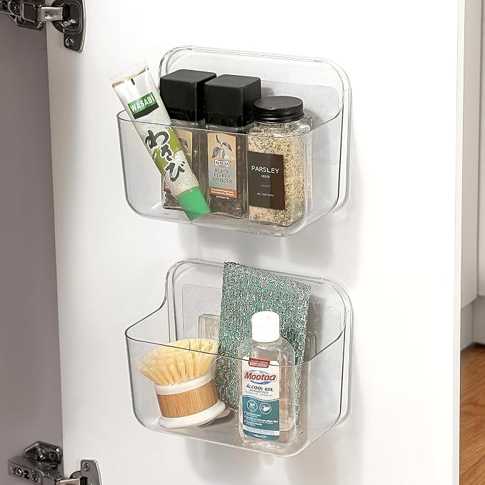 2 Pack Adhesive Cabinet Door Organizer, Compact Kitchen Under Sink Organizer, Clear Lid Storage Container for Pantry Shelves, Wall Mounted Bathroom Shower Caddy Hanging Closet Organizer - Image 8