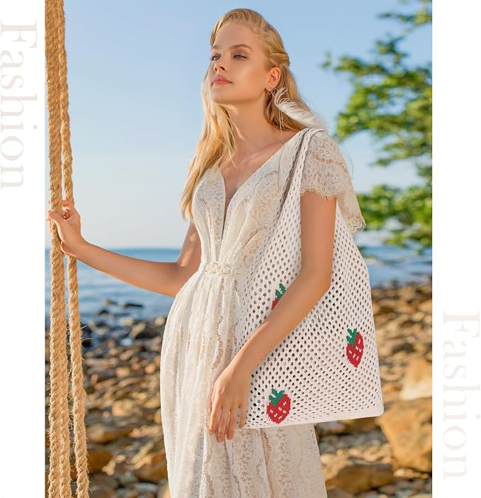 Sightor Crochet Tote Bag, Mesh Beach Bag Knit Summer Hobo Bag for Women | Beach Tote bag Vacation Outfits Aesthetic Boho Bag - Image 2