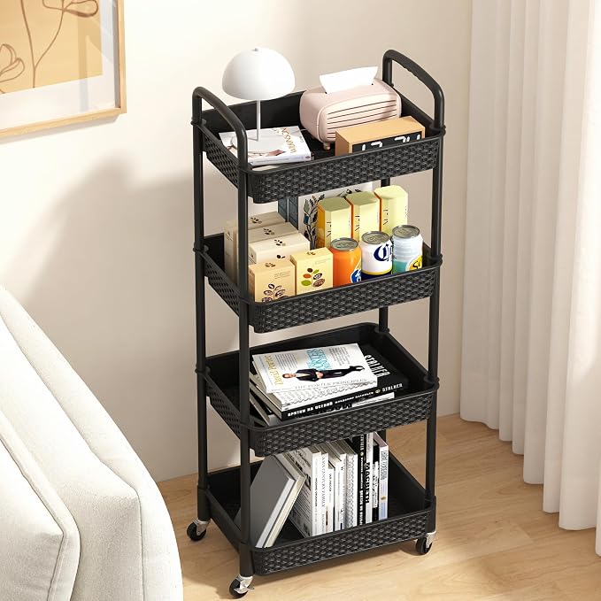 MOYIPIN 4-Tier Plastic Rolling Utility Cart with Handle, Black | Utility Storage Cart for Office, Living Room, Kitchen,Movable Storage Organizer，Easy installation，Rattan-like art design - Image 4