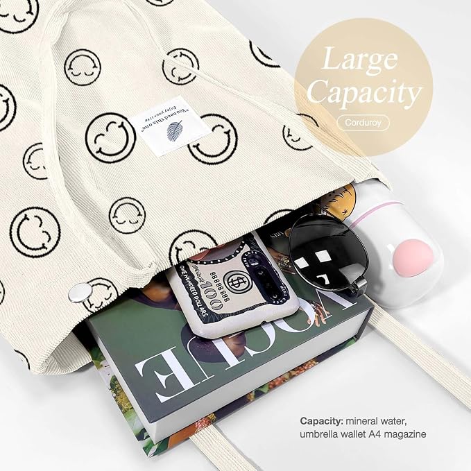 LHMTQVK Corduroy Tote Bags for Women, Large Capacity Tote Purse Reusable Grocery Shoulder Bag with Inner Pockets - Image 4