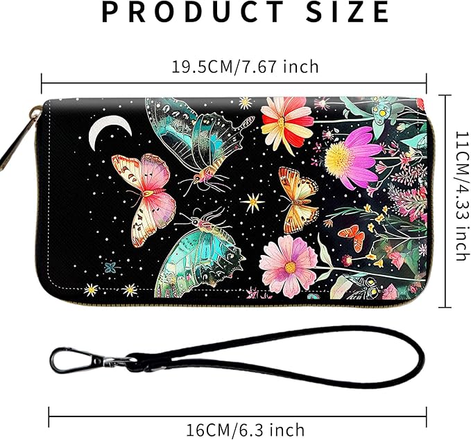 Wallet,Leather Long Wallet Suitable For Ladies And Teenagers - Detachable Wristband + RFID Travel Wallet With Card Slot - Butterfly Moon Flower - Image 2