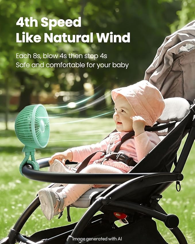 Gaiatop Oscillating Baby Stroller Fan with LED Lights, Rechargeable Green | 4-Speed Quiet Cooling, 4.6 In, Battery Operated, 360° Rotate Clip On Small Portable Fans for Car Seat Crib Treadmill Travel - Image 5