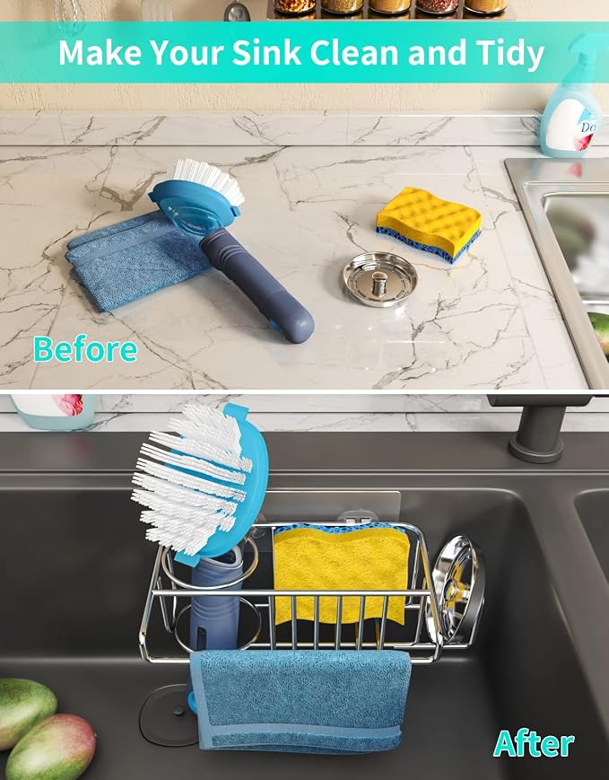 HapiRm Sink Caddy Sponge Holder - No Drill Sponge Caddy for Kitchen, Rustproof and Waterproof Kitchen Sink Organizer - Silver（2-Pack） - Image 5