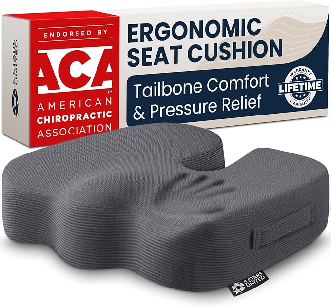 5 STARS UNITED Seat Cushion - Memory Foam Chair Cushion for Tailbone Pain Relief - Ergonomic Support for Coccyx, Sciatica & Butt - Office, Desk & Gaming Chair, Car Seat, Wheelchair, Airplane, D Gray by 5STARSUNITED