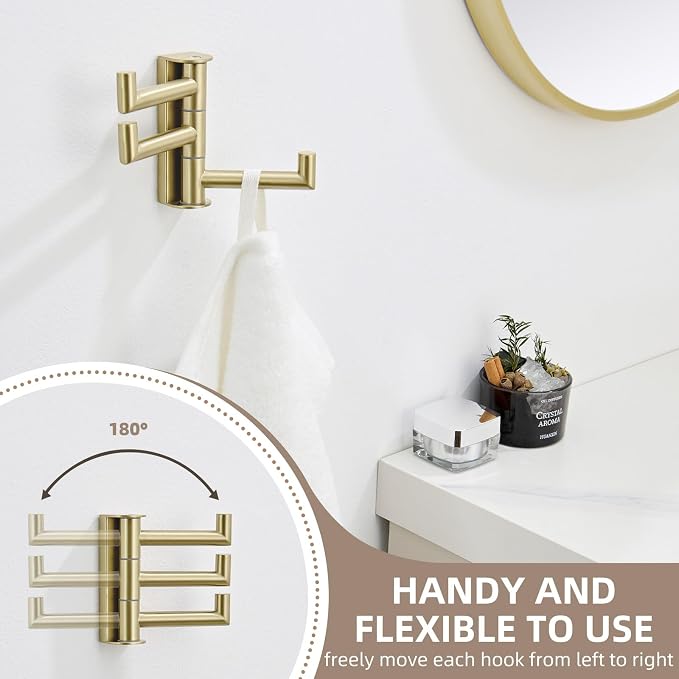 Angle Simple Towel Hook 3 Arms, Swivel Coat Wall Hook, Brushed Gold | Solid SUS304 Stainless Steel, Foldable Robe Towel Holder for Bathroom Kitchen Closet, Modern Space Saver, Screws Mounted - Image 5