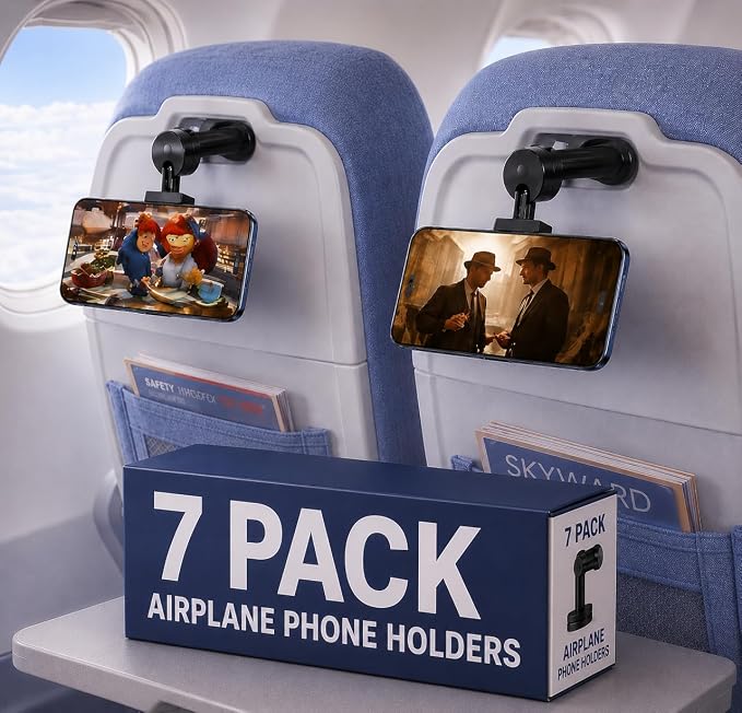 7 PACK Airplane Phone Holder Travel Essentials Accessories – Universal Hands Free Cell Phone Stand Mount for Air Plane Table Seat Desk, Cruise, Car & Flight – Mini Size for Vacation, iPhone, Samsung by gozanga