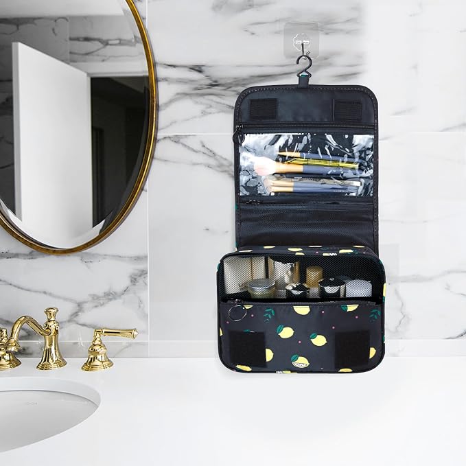 Lcsmaokin Large Capacity Toiletry Bag Travel Bag with Hanging Hook for Men and Women Waterproof Travel Cosmetic Bag Bathroom Storage Bag for Brushes Set,Full-Sized Shampoo,Accessories-Black Lemon - Image 6