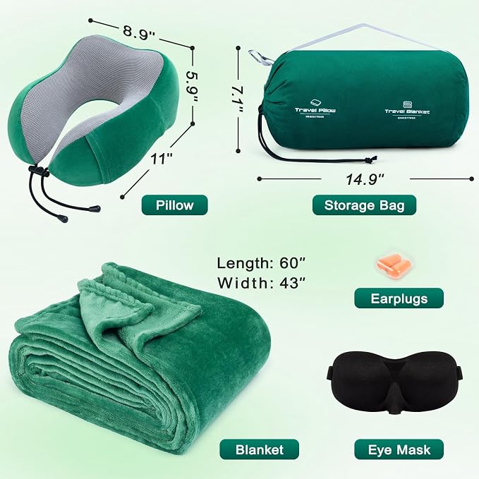 urnexttour Travel Pillow and Blanket Set Neck Pillow Airplane Foam Green | 43x60 Inch Plane Blanket, Traveling Compact Storage Bag, Eye Mask, and Earplugs for Ultimate Flight Comfort, Women and Men - Image 4