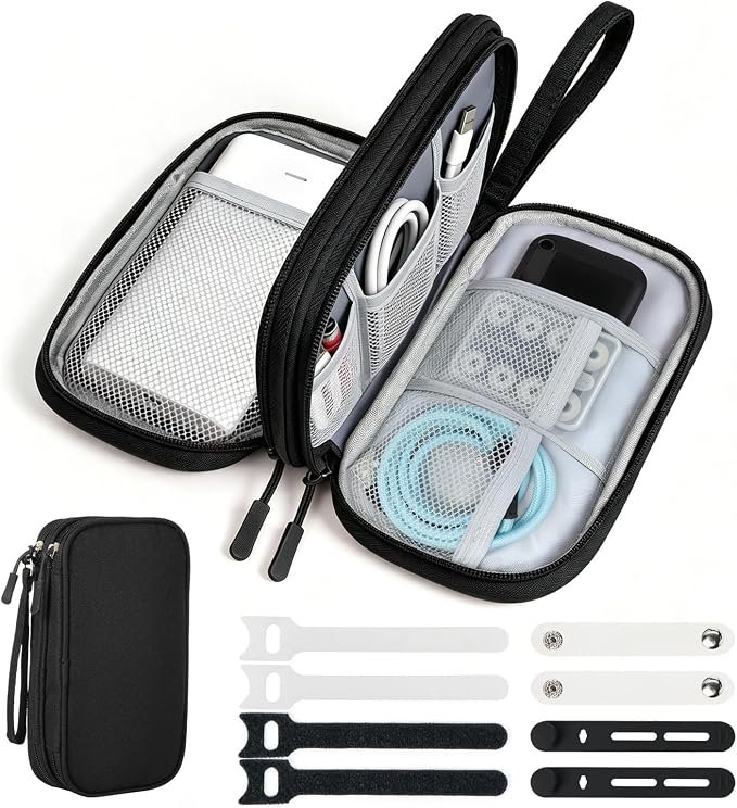 Travel Electronics Organizer Double Layer Cable Bag Black | Water-resistant Oxford fabric, 8 compartments and elastic loops. Compact design includes 8 cable ties. by Woyinger