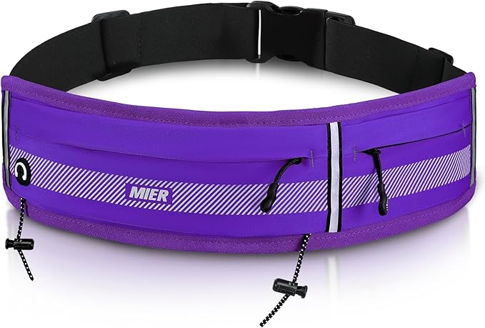 MIER Running Belt for Women & Men, Fanny Pack with Marathon Bib Clip Purple | Slim Adjustable Phone Holder Pouch; Reflective Waist Packs for Running Essentials; Waterproof Zipper Pockets by MIER
