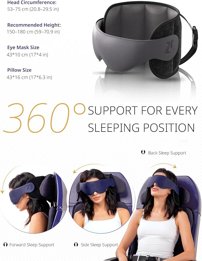 Travel Pillow, Airplane Neck Pillow with 3D Eye Mask for Sleeping | Round Edge Plane Head Strap 360°Headrest Support for Long Flight, Stop Bobblehead, Travel Essential for Car Road Trip Grey - Image 4