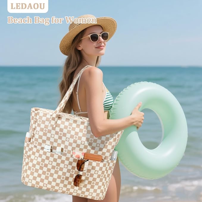 LEDAOU Large Beach Bag for Women, Waterproof Sandproof Tote Bag with Zipper | 36L Pool and Swim bag with Zipper, Wet/Dry pocket and 7 Pockets for Beach Days, Cruises, Vacations and Family travel - Image 2