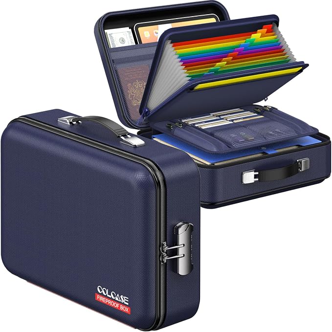 Fireproof Document Box with Lock, Hard Fireproof Document Organizer | Hard-Shell Fireproof Waterproof Safe Box with Combination Lock Blue - Image 8