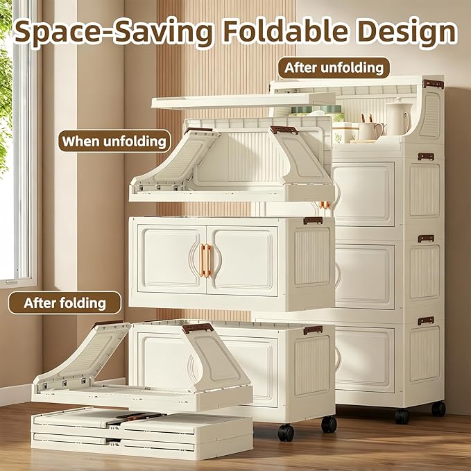 260QT Stackable Storage Bins with Lids & Rack, 6 Tier Large Capacity Foldable Storage Cabinet, Clear Collapsible Pantry Organizer for Home, Kitchen, Bathroom, Dorm, Office, White - Image 3