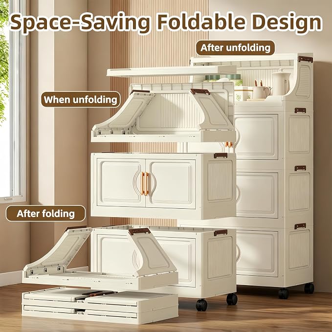 217QT Stackable Storage Bins with Lids & Rack, 5 Tier Large Capacity Foldable Storage Cabinet, Clear Collapsible Pantry Organizer for Home, Kitchen, Bathroom, Dorm, Office, White - Image 3