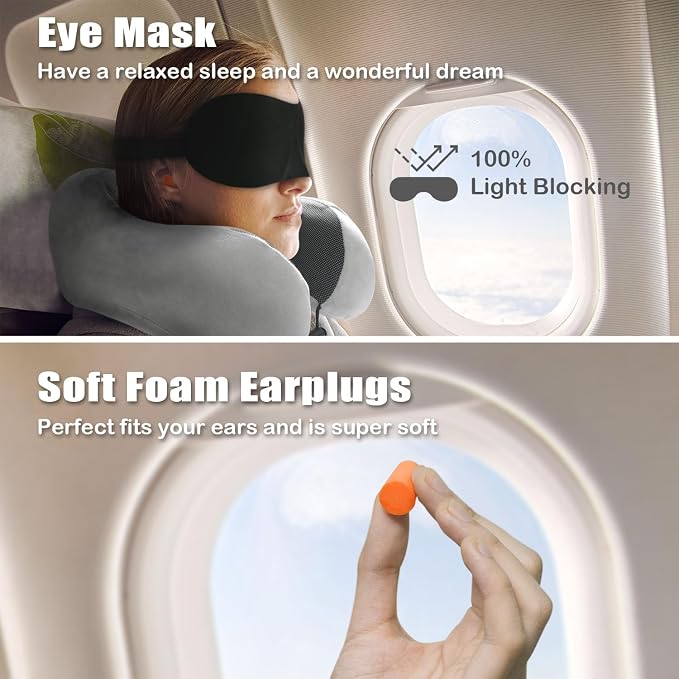 Airplane Travel Neck Pillow, 100% Memory Foam Ergonomic Neck Support, Airplanes Neck Pillow with Washable Cover Travel Essential for Flight & Office include Eye Mask, Earplugs & Carry Bag (Light Gray) - Image 5