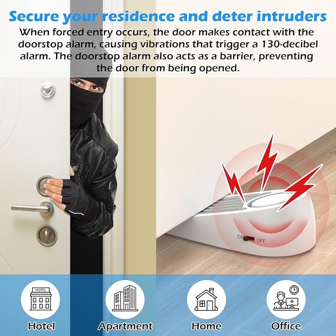 Door Stoppers Alarm Security, 120dB Security Alarm, Hotel Door Alarm, Door Stoppers for Bottom of Door, for Travel, Hotel, College Dorm Room, Apartment, Airbnb Stays, White, 4 Pack - Image 3