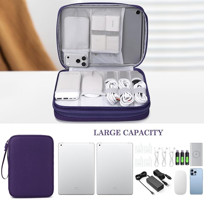 FYY Electronic Organizer, Travel Tech Pouch Bag, Extra Large, Purple | Wrist Strap, Waterproof, Double Layers Electronics Travel Case for iPad, Cord, Laptop Charger, Daily and Business Trips Use - Image 6