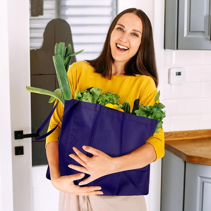 Reusable Grocery Shopping Bags 10 Pack Large Foldable Tote Bags Bulk | Eco Produce Bags with Long Handle for Shopping Groceries Clothes (Purple) - Image 2