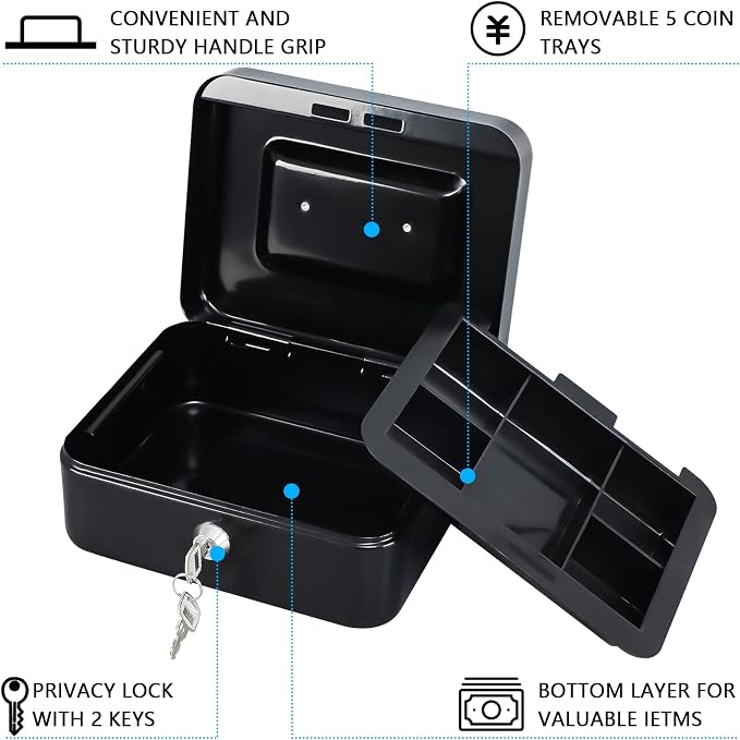 KYODOLED Small Metal Lock Box with Key for Cash and Medication, 2 Keys | Portable Handle, Removable Coin Tray, Lower Storage for Bills and Small Items, Ideal for Gifting, 7.87 x 6.3 x 3.35 in, Black - Image 5