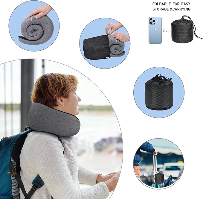Neck Travel Pillows for Airplanes Memory Foam Neck Comfort Pillow Compact Ergonomic Design Sleeping Essentials for Long Flights Car Rides and Home Use (Grey) - Image 4
