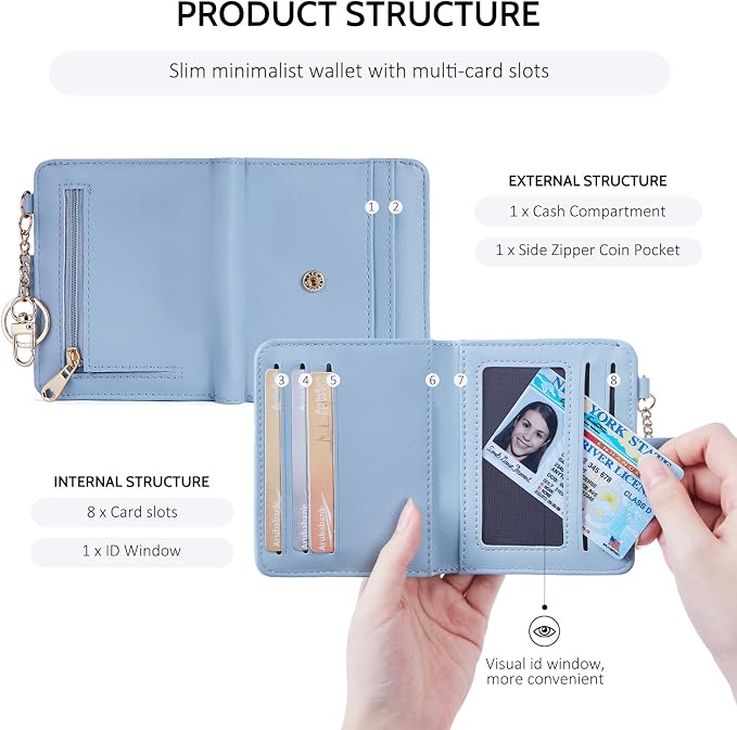 POIUGOYA Slim Wallet for Women,RFID Blocking Bifold Credit Card Holder with Zipper Coin Pocket,ID Window,Keychain - Image 5
