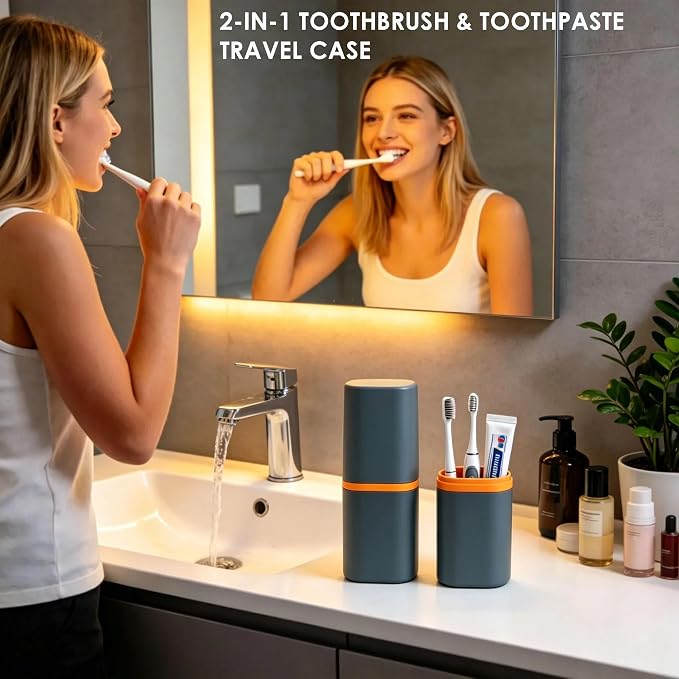 Toothbrush Travel Case - Travel Toothbrush and Toothpaste Case | 2-in-1 Standup Travel Toothbrush Holder with Mouthwash Cups, Compact Toothbrush Case for Traveling Camping Trip Dorm Gym Home - Image 3