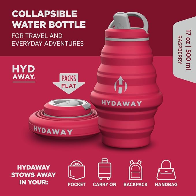 HYDAWAY 17oz Collapsible Water Bottle, Packable Leakproof for Travel | Travel-first design. Fold flat to 1.5 in for carry-ons, purses, seatbacks. Leakproof, BPA-free, dishwasher safe. - Image 2