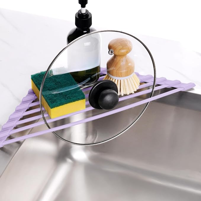 Tomorotec Triangle Roll Up Dish Drying Rack with Silicone Coating, Purple | 304 Stainless Steel with BPA-Free Silicone, Triangle Design Maximizes Sink Corner Space, Fits Compact Kitchens And RVs - Image 4