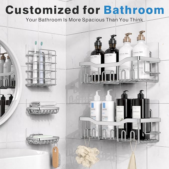 EUDELE 5-Pack Rustproof Stainless Steel Shower Caddy – No Drill Adhesive Bathroom Organizer with Large Capacity, Spacious Shower Shelves for Inside Shower, Kitchen & Home Decor Storage-XL Size - Image 3