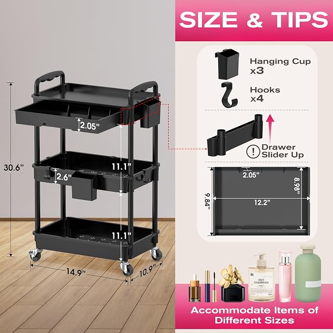 Goovilla Rolling Makeup Organizer Cart with Removable Drawer, 3 Tier Black | Stable Floor Skincare Storage Cart for Vanity, Cosmetic Display, Nail Polish, Perfume, Hair Stuff, Beauty, Bathroom(Plastic) - Image 2