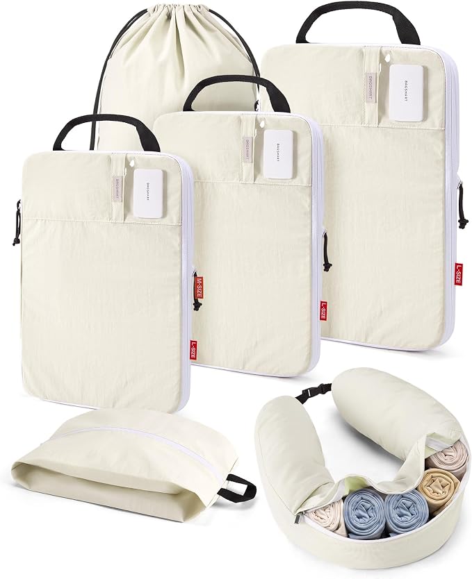 BAGSMART Compression Packing Cubes with Fillable Neck Pillow for Clothes | 1 Wearable Neck Pillow & 5 Travel Bags to Avoid Baggage Fees, Durable, Tear Resistant Washable Taslan Fabric with Card Slots by BAGSMART