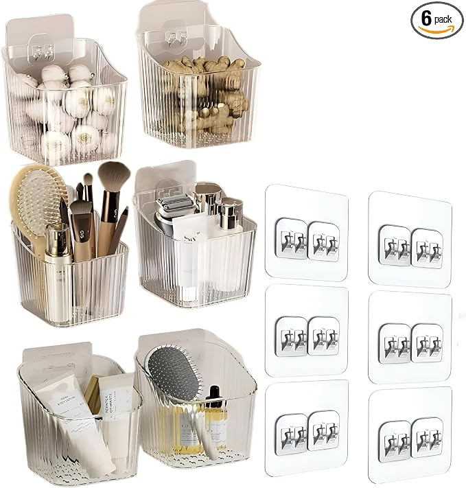 6Pack small Wall Mount Organizer, Adhesive Cabinet Door Storage Bins, Clear Makeup Container, Stackable Organizer Basket for Kitchen, Bathroom, rv, Pantry, Office，Refrigerator Small Items storage by Unknown