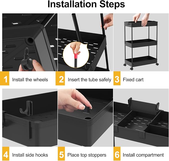 4 Tier Rolling Cart with Wheels, Storage Craft Art Trolley Organizer Serving, 3 Hanging Baskets Easy Assembly, for Office, Living Room, Kitchen - Image 7