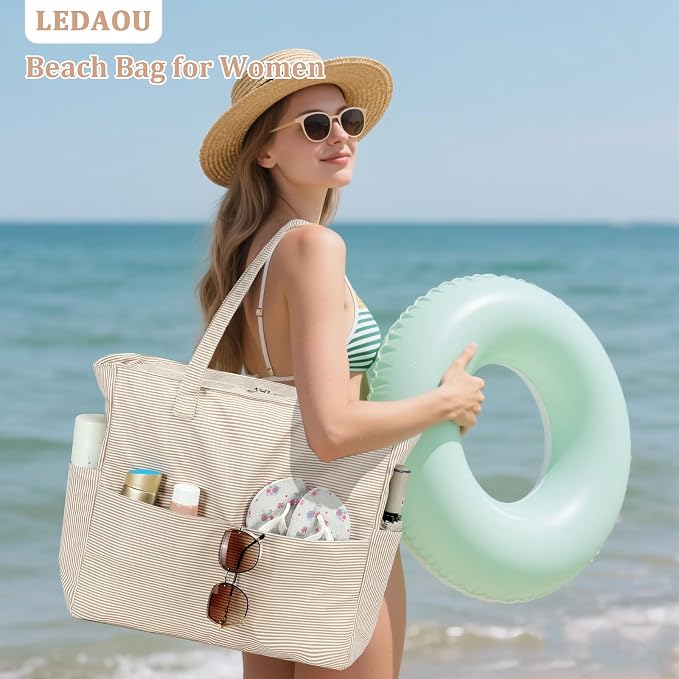 LEDAOU Beach Bag Waterproof Sandproof Women Beach Tote Pool Bag with Zipper for Swim Gym Grocery Travel with Wet Pocket | Sandproof - Image 2