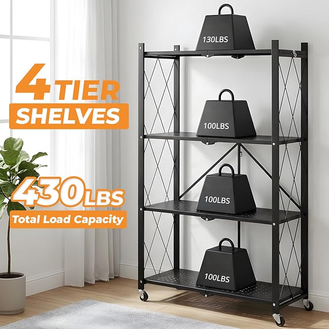 COKIHOM 4 Tier Foldable Storage Shelf, Large Capacity Metal Shelf Rack, Rolling Bookshelf with Wheels, Wire Shelf Organizer for Kitchen, Pantry, Office, Garage, Basement, Black - Image 5
