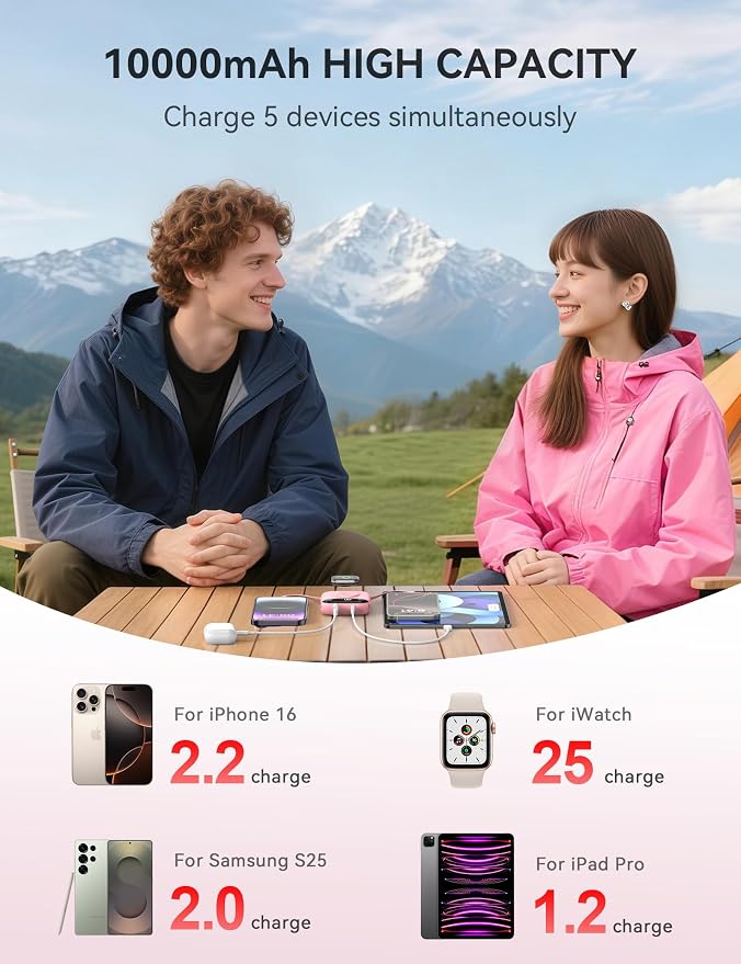 citicr Portable Charger 10000mAh w/Built-in Cables & iWatch Charger Pink | Fast charging, Built-in cables, LED display, Charge 5 devices at once, Ring buckle, TSA approved, Pocket size, Charge iWatch - Image 5