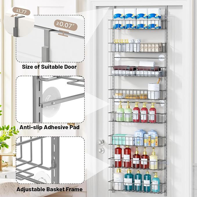 ElegantArray 8-Tier Pantry Door Organizer, Light Gray | Over The Door, Hanging Spice Rack Shelves, Home Office Laundry Room Bathroom & Kitchen, Storage Rack - Image 5