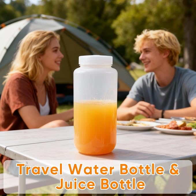 DEMORA 32 oz Plastic Bottles with Lids, Airtight Refillable Wide Mouth Travel Bottles for Toiletries, HDPE Food Grade Plastic Containers for Liquids Pill Water Sample Lab Reagent (Translucent, 2 Pcs) - Image 4