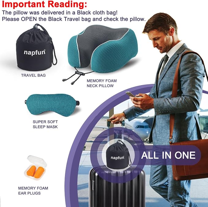 napfun Neck Pillow for Travel with Travel Pouch, Sleep Mask & Earplugs, Memory Foam Airplane Pillow for Headrest Sleep with Eyeshades, Plane Essentials with Eye Blindfold, Teal Striped Kit - Image 6