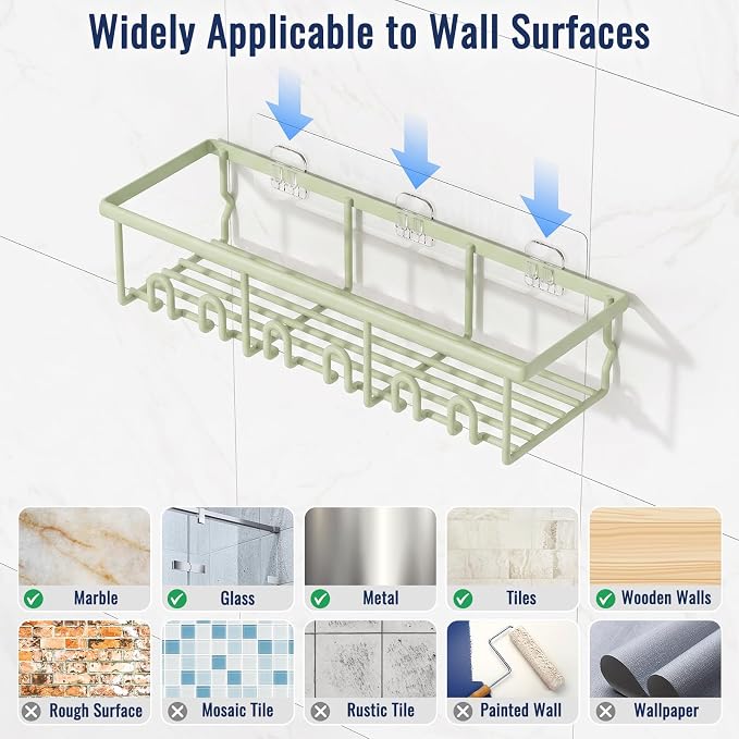 8 Pack Adhesive Rustproof Shower Caddy with Soap Dishes, Toothbrush Holder & Hooks, Large Capacity No-Drilling Shower Shelves Rack for Bathroom Organizers and Storage Accessories, Green - Image 7