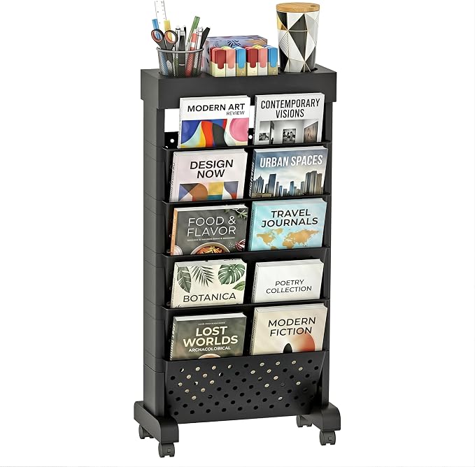 6-Tier Rolling Bookshelf Magazine Rack with Wheels Black | Mobile Bookcase, Book Storage File Folder Organizer Cart for Home Study Office Living Room Classroom by yeavs