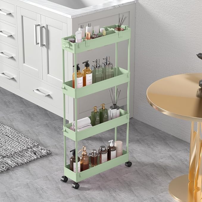 Slim Storage Cart 4 Tier,Bathroom Organizer Rolling Utility,Mobile Shelving Unit Slide Out for Office, Kitchen, Laundry Room & Narrow Places，Green by Home