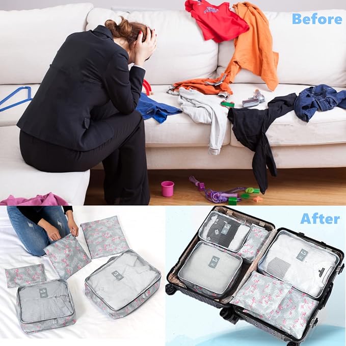 6 Set Packing Cube Luggage Organizer Pouch, Travel Storage Bags Organizer Set, Clothes Packing Cubes Laundry Pouch Suitcase Organizer Bags for Travel Carry On Luggage Packing (Blue Flamingo) - Image 3
