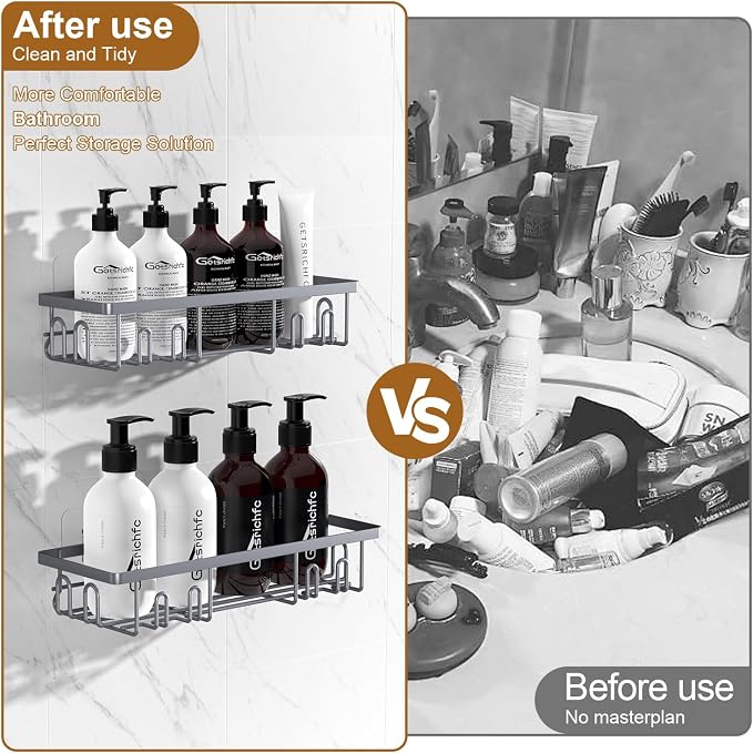 Getsrichfc Shower Caddy Adhesive, Rustproof Shower Shelves for Inside Shower, Large Capacity Bathroom Organizers and Storage, Shower Storage with Removable Hooks, No Drill Bathroom Accessories Grey - Image 2