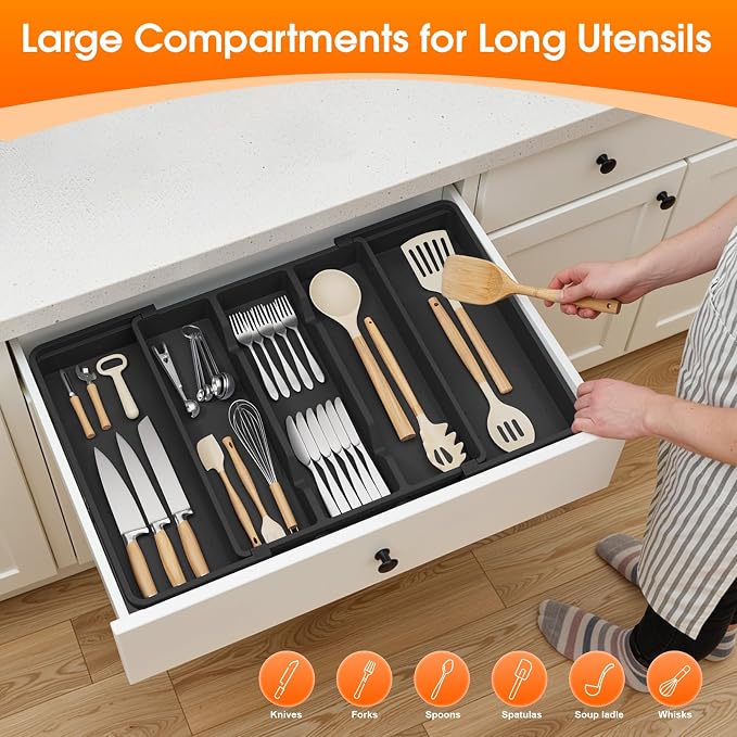 Large Expandable Silverware Drawer Organizer, Utensil Tray | Kitchen Drawer Organizer for Spoons/Forks/Knives, Multipurpose & BPA Free Cutlery Tray (1 Pack, Black) - Image 3