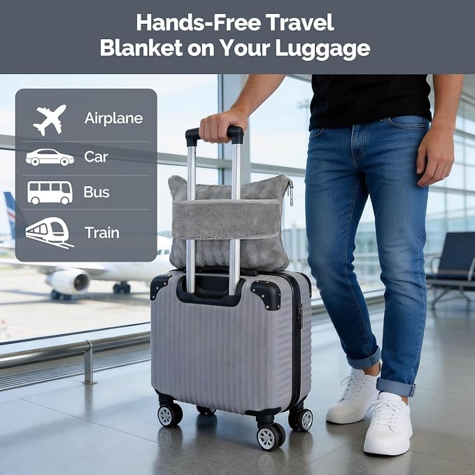 Gray Travel Blanket for Airplane, Portable Soft Flannel with Pouch & Clip | Skin-Friendly Flannel, Lightweight Portable Design with Clip, Hands-Free Carry, Essential Travel Gear for Frequent Flyers - Image 6