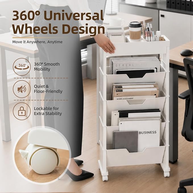 5-Tier Rolling Bookshelf, Rolling Book carts with wheels,Book Storage Rack | Utility Carts, Movable File Folder Organizer Cart for Home,Study,Office,Living Room,Classroom - Image 4