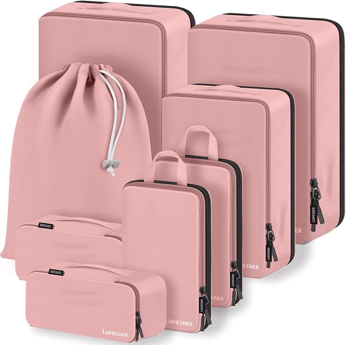 Compression Packing Cubes, Lumesner 8 Set Travel Packing Cubes for Carry on Suitcases, Compression Suitcase Organizers Bag Set & Travel Cubes (8-piece, Pink) by Lumesner
