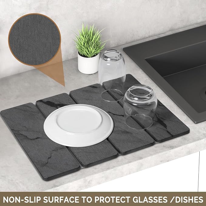 Small Stone Dish Drying Mat for Kitchen Counter, 2 PCS 16"×12" & 8"x4" Quick Dry Stone Mats, Foldable Water Absorbing Diatomite Drying Dish Pad for Countertop Bottles Utensils Cups(Dark Gray Ink) - Image 4